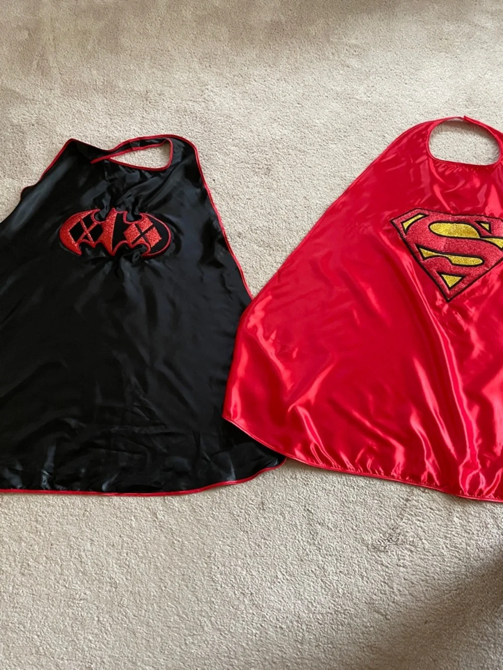 Superhero Satin Capes - Red Superman & Black Bat Emblems